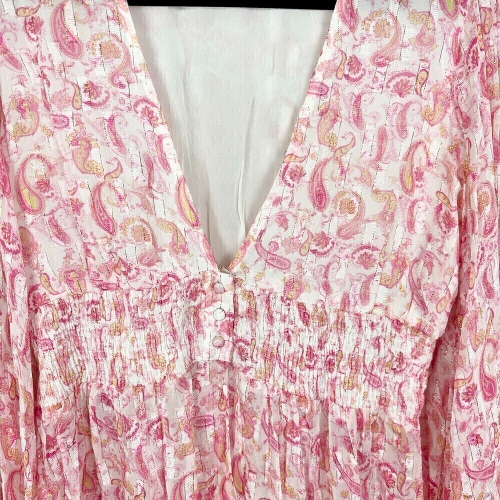 Rococo Sand Candy Blouse Pink Paisley Metallic Long Sleeve Size Medium - Picture 7 of 12